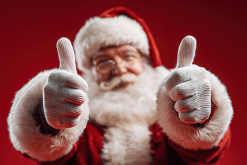 Santa Claus giving thumbs up against a red background