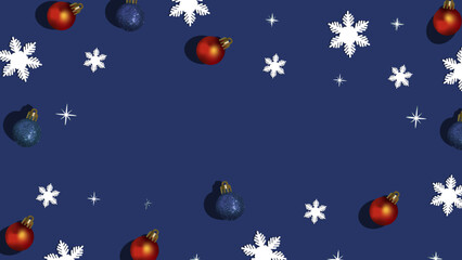 Christmas blue background with ornaments, snowflakes and stars. Festive dark-blue Christmas background featuring red and blue ornaments, white snowflakes and sparkling stars. Perfect for holiday cards
