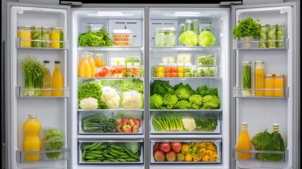 A well-stocked refrigerator filled with fresh produce, including lettuce, carrots, and apples, with a variety of fruits and vegetables inside.