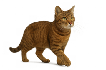 Tabby cat walking with watchful eyes, domestic pet feline moving with cut out transparent background