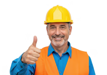 Smiling experienced construction worker wearing a yellow hard hat and orange safety vest giving a thumbs up gesture isolated on transparent background