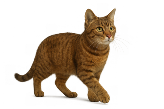 Tabby cat walking with watchful eyes, domestic pet feline moving with cut out transparent background