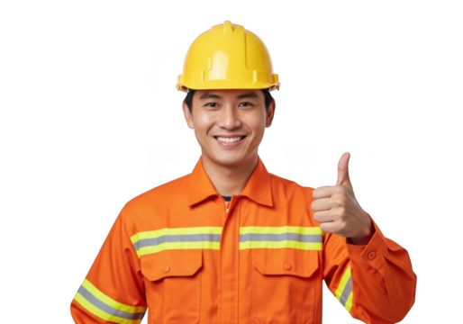 A smiling construction worker wearing a yellow hard hat and orange safety uniform gives a thumbs up gesture isolated on transparent background