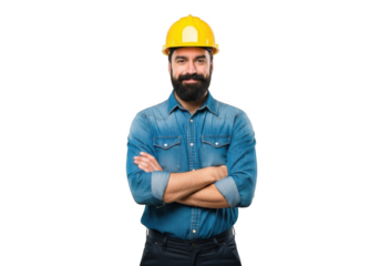 A confident bearded construction worker wearing a yellow hard hat and blue denim shirt with arms crossed isolated on transparent background