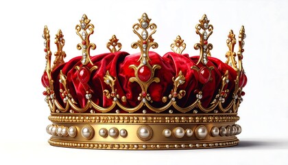 Exquisite Royal Crown with Gold, Red Velvet, and Jewels on a White Background