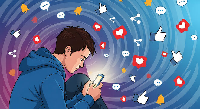 Young man in a blue hoodie intensely focused on his smartphone.