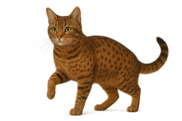 Bengal cat walking, spotted and striped fur, domestic feline isolated animal, charming pet with transparent background