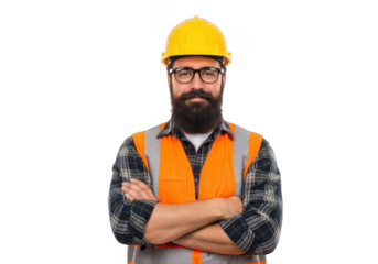 A bearded construction worker wearing a yellow hard hat and orange safety vest with crossed arms isolated on transparent background