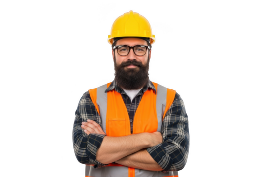 A bearded construction worker wearing a yellow hard hat and orange safety vest with crossed arms isolated on transparent background