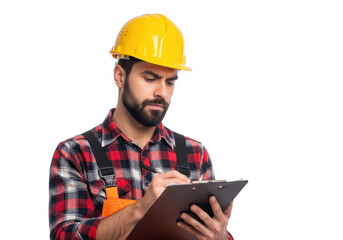 Focused construction worker wearing a yellow hard hat and plaid shirt taking notes on a clipboard isolated on transparent background