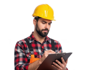 Focused construction worker wearing a yellow hard hat and plaid shirt taking notes on a clipboard isolated on transparent background