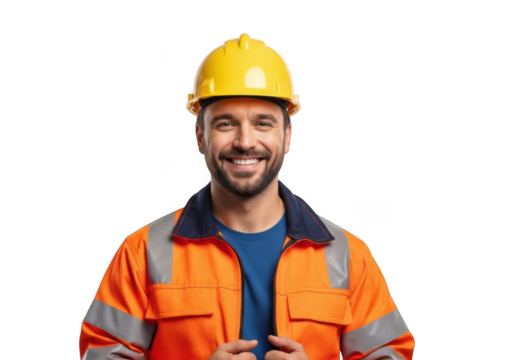 A smiling construction worker wearing a bright yellow hard hat and an orange high visibility safety jacket isolated on transparent background