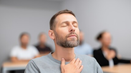 Adult man focuses on breathing techniques for relaxation in a classroom setting while others observe