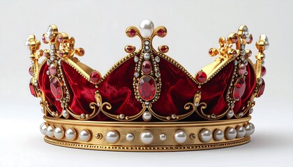 Exquisite Royal Crown with Gold, Rubies, and Pearls Against a White Backdrop