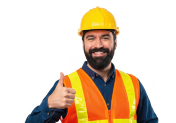 A smiling construction worker wearing a yellow hard hat and orange safety vest gives a thumbs up gesture isolated on transparent background