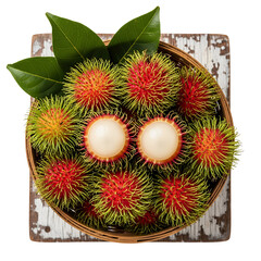 A rustic woven basket brimming with fresh rambutan fruits, white background isolated