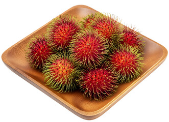 A freshly rambutan in a wooden square plate, white background isolated