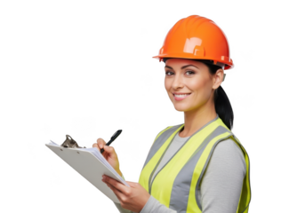Smiling woman wearing orange hard hat and yellow safety vest holding clipboard and pen isolated on transparent background