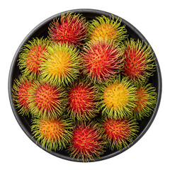 An overhead, close-up studio shot of a dark gray or black round bowl, possibly ceramic or stoneware, filled with a vibrant assortment of fresh rambutan fruits