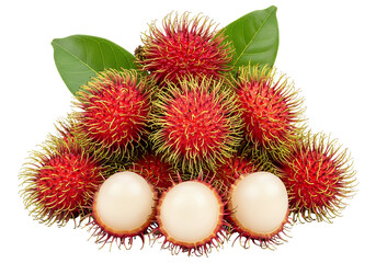 A pile of vibrant red rambutan fruits with spiky, hairy exteriors, artfully arranged with two fresh green leaves at the back, white background isolated