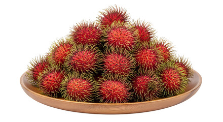 A freshly rambutan fruits in a wodden oval plate, white background isolated