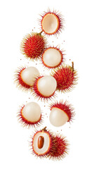 Multiple red rambutan fruits in various states of being peeled or whole, suspended in mid-air against a pure white, isolated background