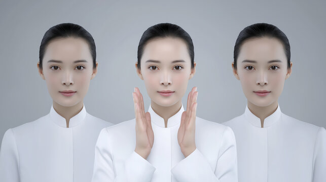 A Chinese woman in a triptych shows a thoughtful expression with hands raised to her face