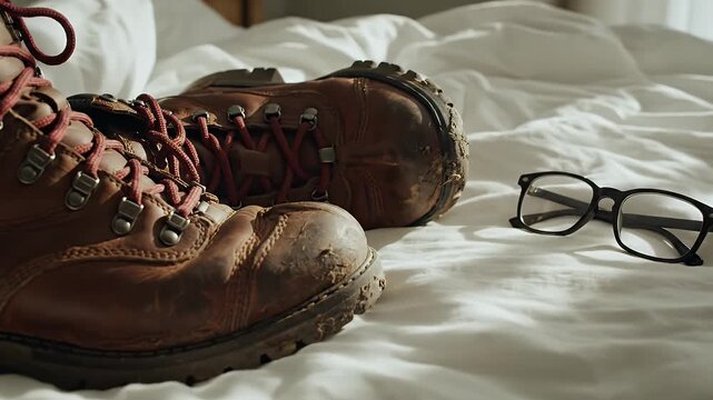 Close up of weathered brown leather hiking boots with red laces and black rimmed eyeglasses resting on a rumpled white bed sheet with soft natural light creating shadows and highlights