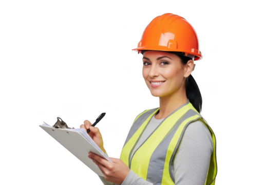 Smiling woman wearing orange hard hat and yellow safety vest holding clipboard and pen isolated on transparent background