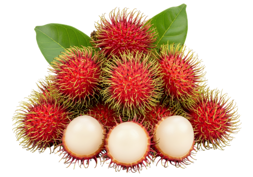A pile of vibrant red rambutan fruits with spiky, hairy exteriors, artfully arranged with two fresh green leaves at the back, white background isolated