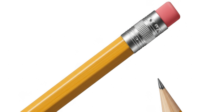 Yellow pencil with eraser and sharpened tip isolated on transparent background - Powered by Adobe