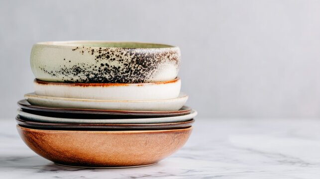 A stack of ceramic bowls and plates on a marble surface with a light gray background.