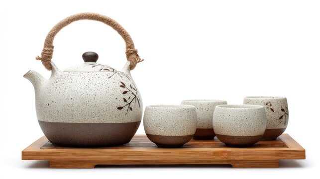A traditional Japanese tea set with a ceramic teapot and four cups on a wooden tray.