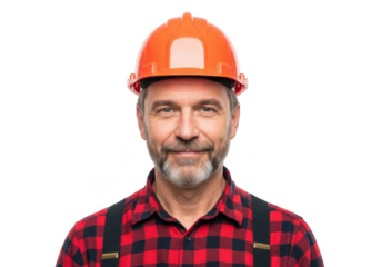 A friendly bearded man wearing a red plaid shirt and orange hard hat smiling directly at the viewer isolated on transparent background