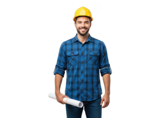Smiling construction worker wearing a yellow hard hat and blue plaid shirt holding rolled blueprints isolated on transparent background