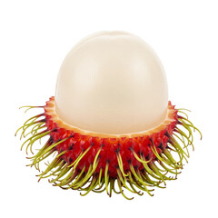 A light gray ceramic bowl overflowing with vibrant red and green rambutan fruit, white background isolated