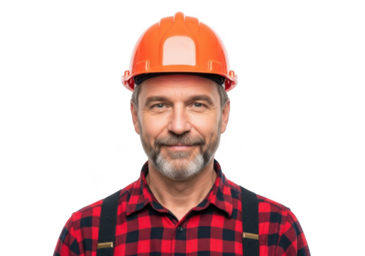 A friendly bearded man wearing a red plaid shirt and orange hard hat smiling directly at the viewer isolated on transparent background