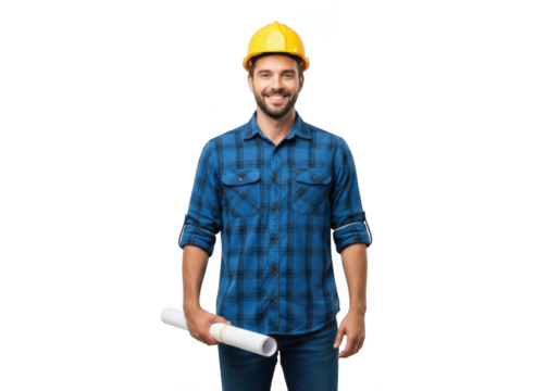 Smiling construction worker wearing a yellow hard hat and blue plaid shirt holding rolled blueprints isolated on transparent background