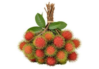 A freshly harvested bunch of vibrant red rambutan fruits, white background isolated