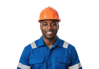 Smiling african american man wearing a blue uniform and orange hard hat isolated on transparent background