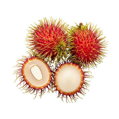 A small cluster of vibrant red rambutan fruits, white background isolated