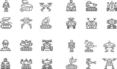 Fototapeta premium Big Set of Futuristic Robot, Drone, and Military Machine Outline Icons - AI Technology Vector
