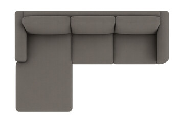 L-shaped sectional sofa in gray fabric creating comfortable seating, viewed from above on transparent background
