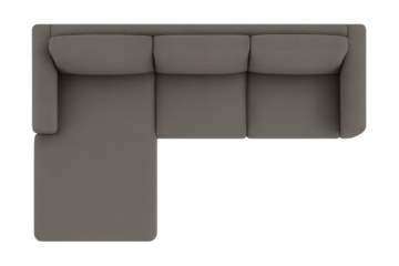 L-shaped sectional sofa in gray fabric creating comfortable seating, viewed from above on transparent background