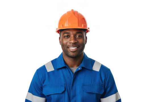 Smiling african american man wearing a blue uniform and orange hard hat isolated on transparent background