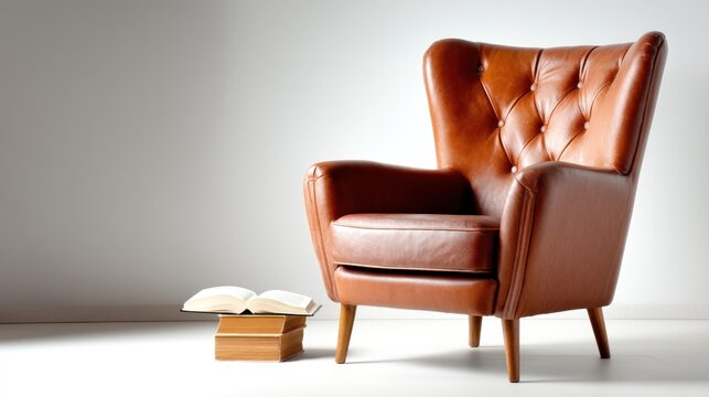 A cozy, vintage-style leather armchair with a tufted backrest and wooden legs, positioned against a plain, light-colored wall with a few books and a stack of magazines on the floor.