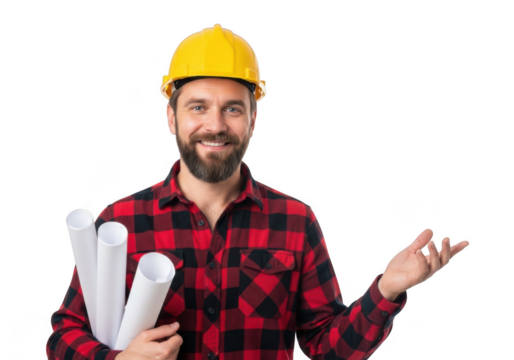 Smiling bearded construction worker wearing yellow hard hat and red plaid shirt holding blueprints isolated on transparent background