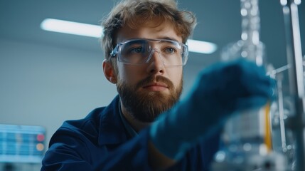 Obraz premium Scientist focuses on hydrogen energy innovation, wearing protective gear and handling lab equipment