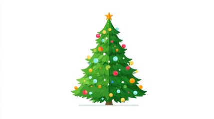 Obraz premium Christmas tree, festive element, flat vector design, bright green with colorful baubles, isolated on white background.