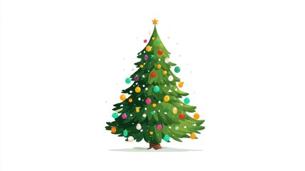 Fototapeta premium Christmas tree, festive element, flat vector design, bright green with colorful baubles, isolated on white background.